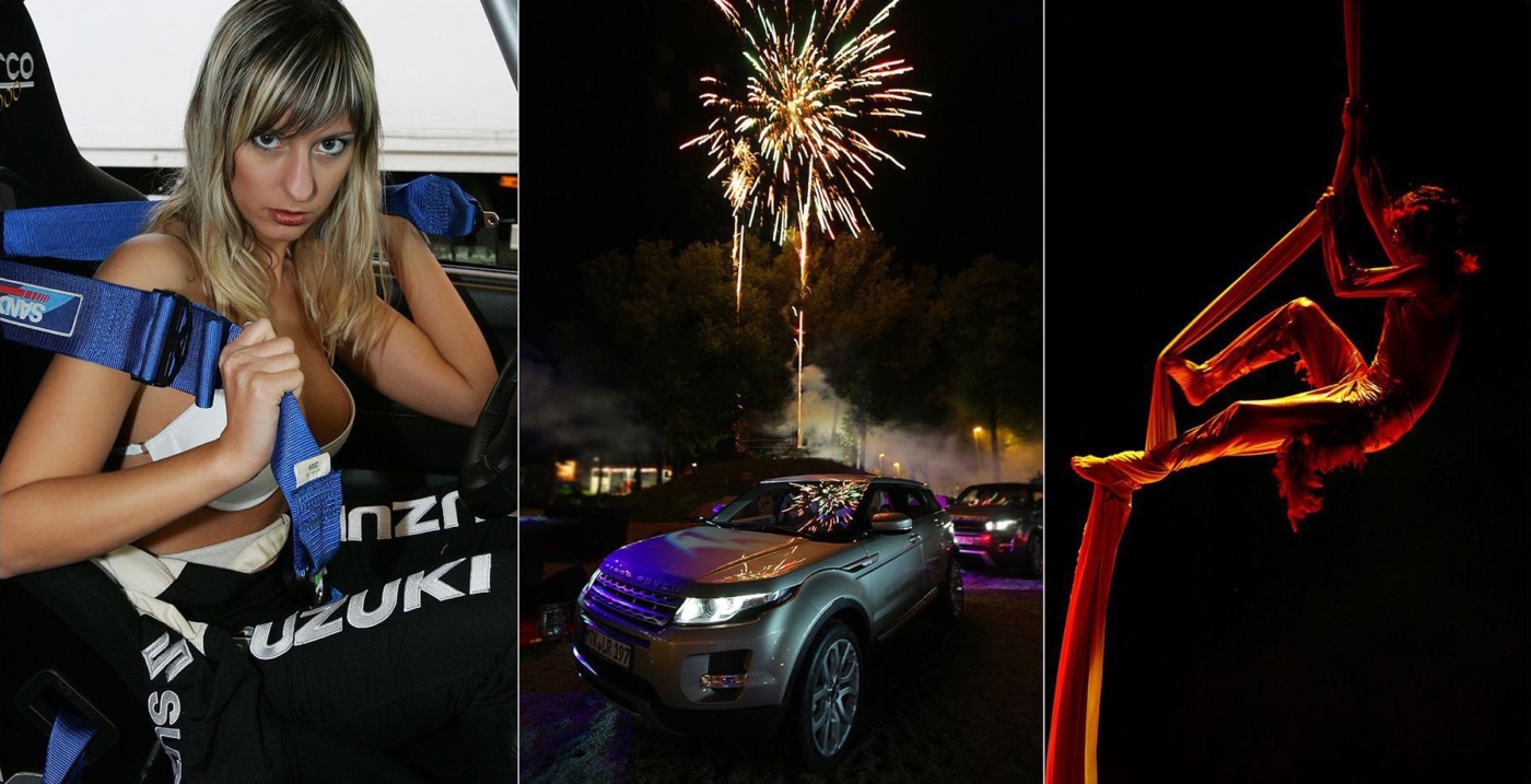 3er Motiv Bild einer Autoshow zur Präsentation eines Ford Modells Frau im Auto. Auto. Kletterkünstler