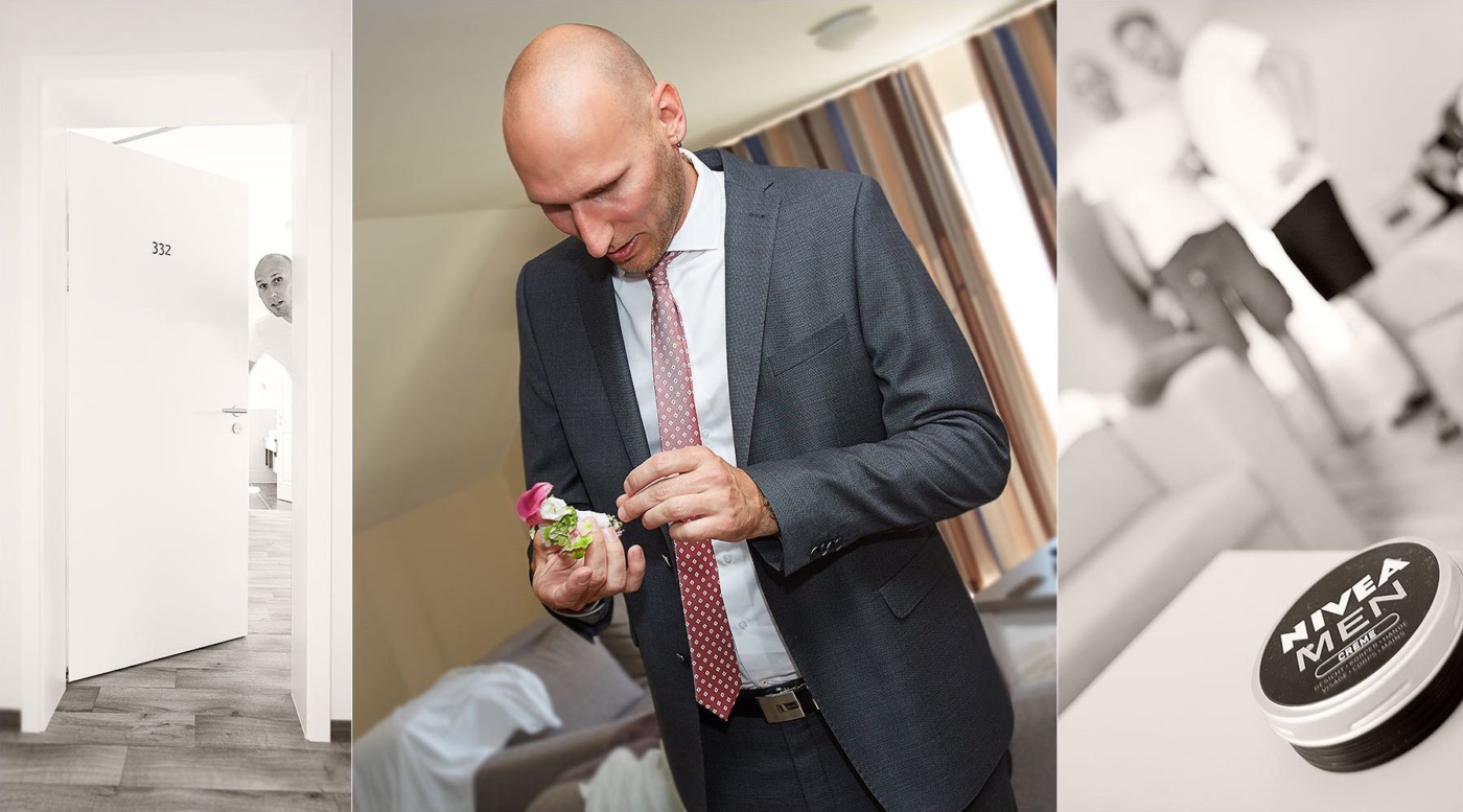 3er Bilkomposition Bräutigam beim herrichten für die Hochzeit. Türe öffnend, Anstecken, Creme