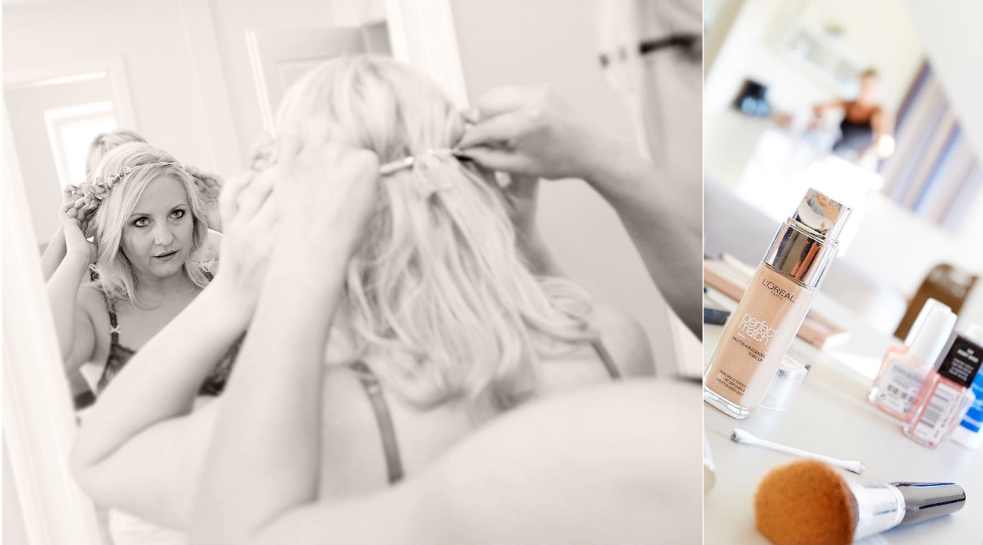 Die Braut beim Styling mit ihren Accessoires als 2er Bildkomposition