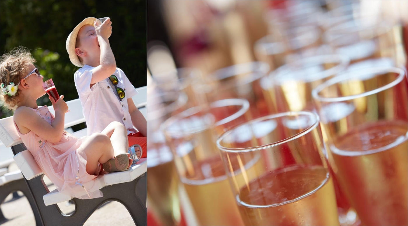 2eer Bildkomposition. Zwei Kids mit Kindersekt und gefüllte Sektflaschen